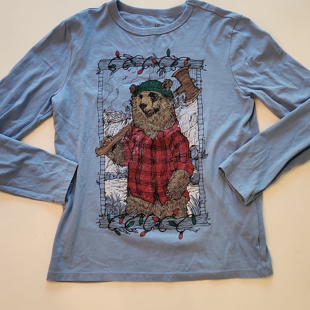 Gap Christmas Bear Graphic Long Sleeve Shirt Blue Plaid Large